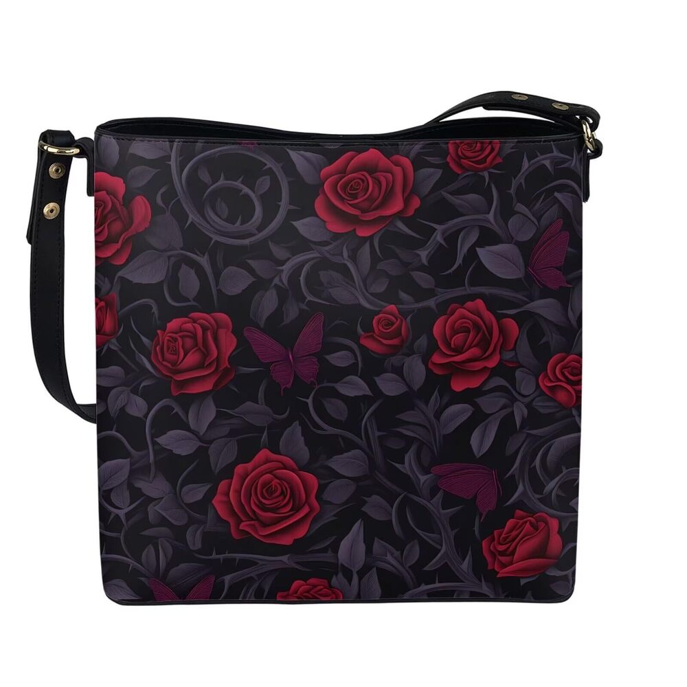 7283 Gothic Red Roses Bucket Bags Handbags , Black Thorns Print Crossbody
